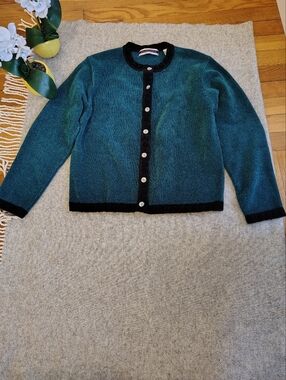 Amanda Smith Teal Knit Top with Black Trim